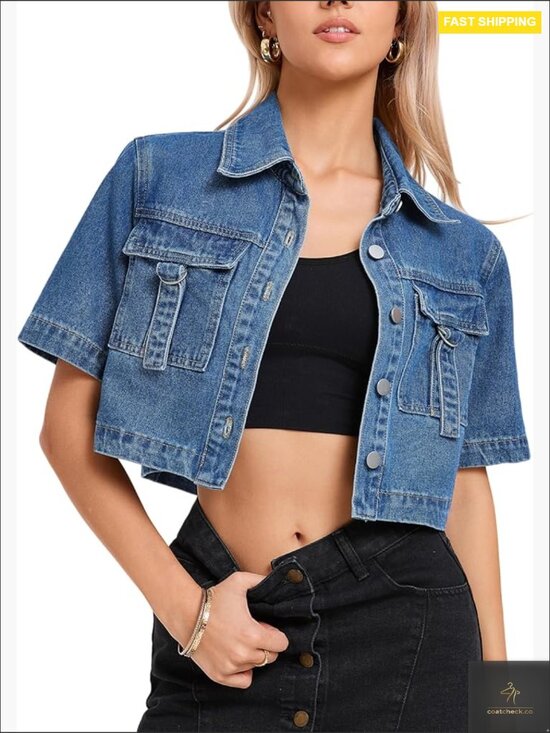 Jackets & Blazers - Cropped Denim Jacket Lightweight Short Sleeve Trucker Button Down Trendy Y2K